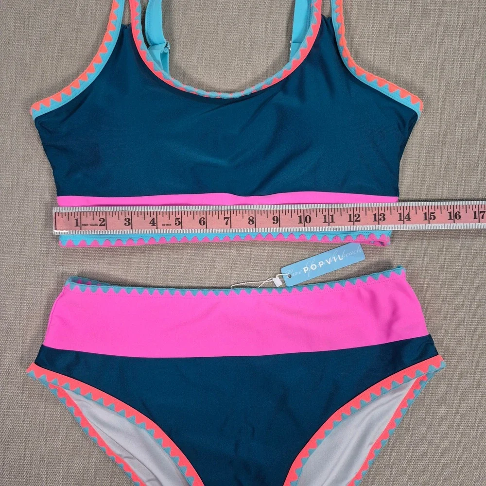 Popvil 3 Piece Swimsuit Set Teal Pink Colorblock Ric Rac Skirt Bikini Womens L